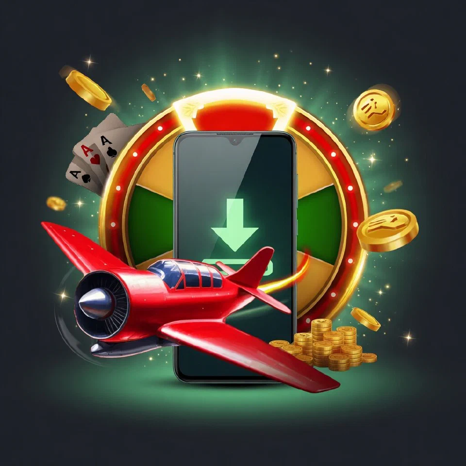Android smartphone with a mint download arrow on its screen, gold coins and a red plane around it