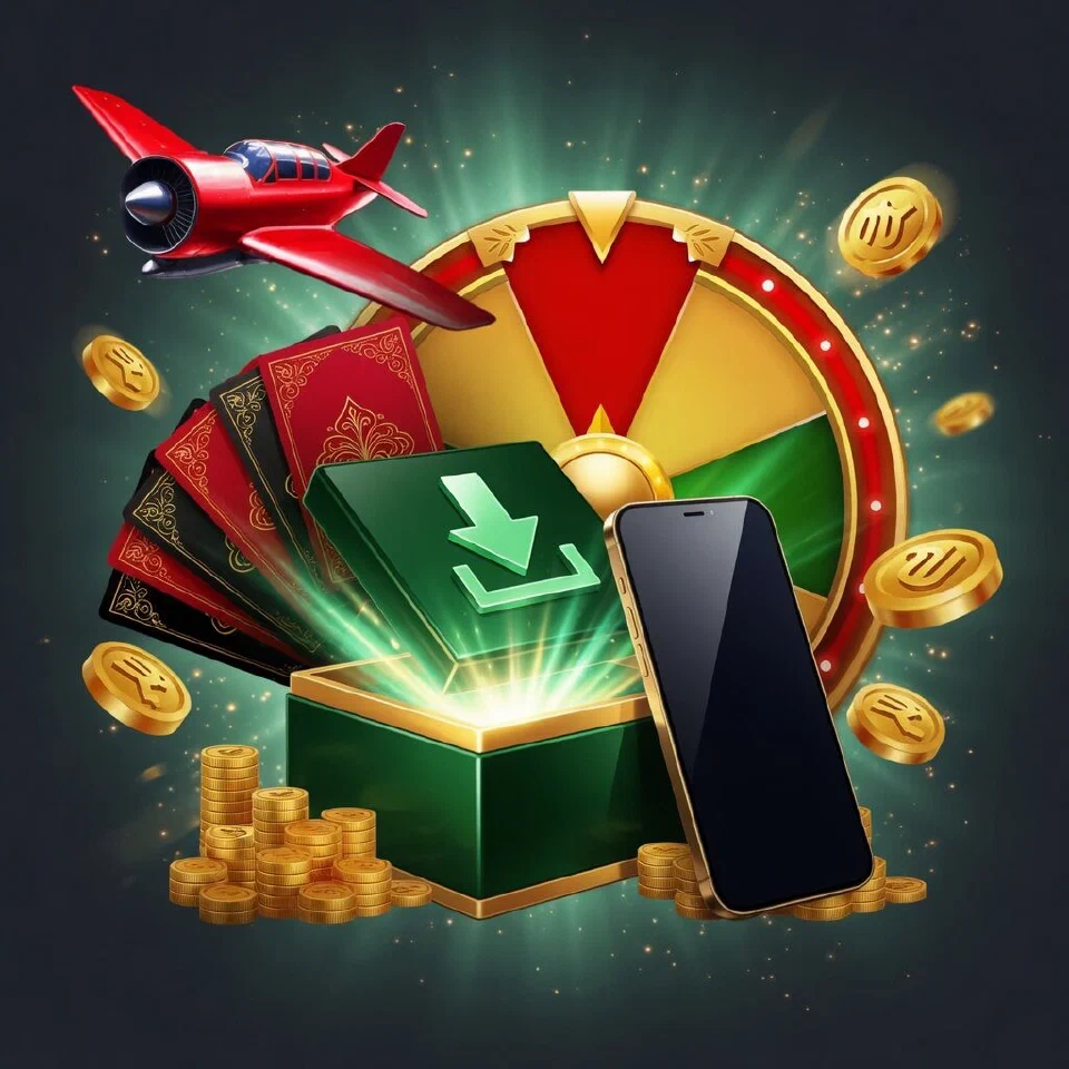 Dark-green package box with a mint download arrow opening beside a smartphone and gold coins