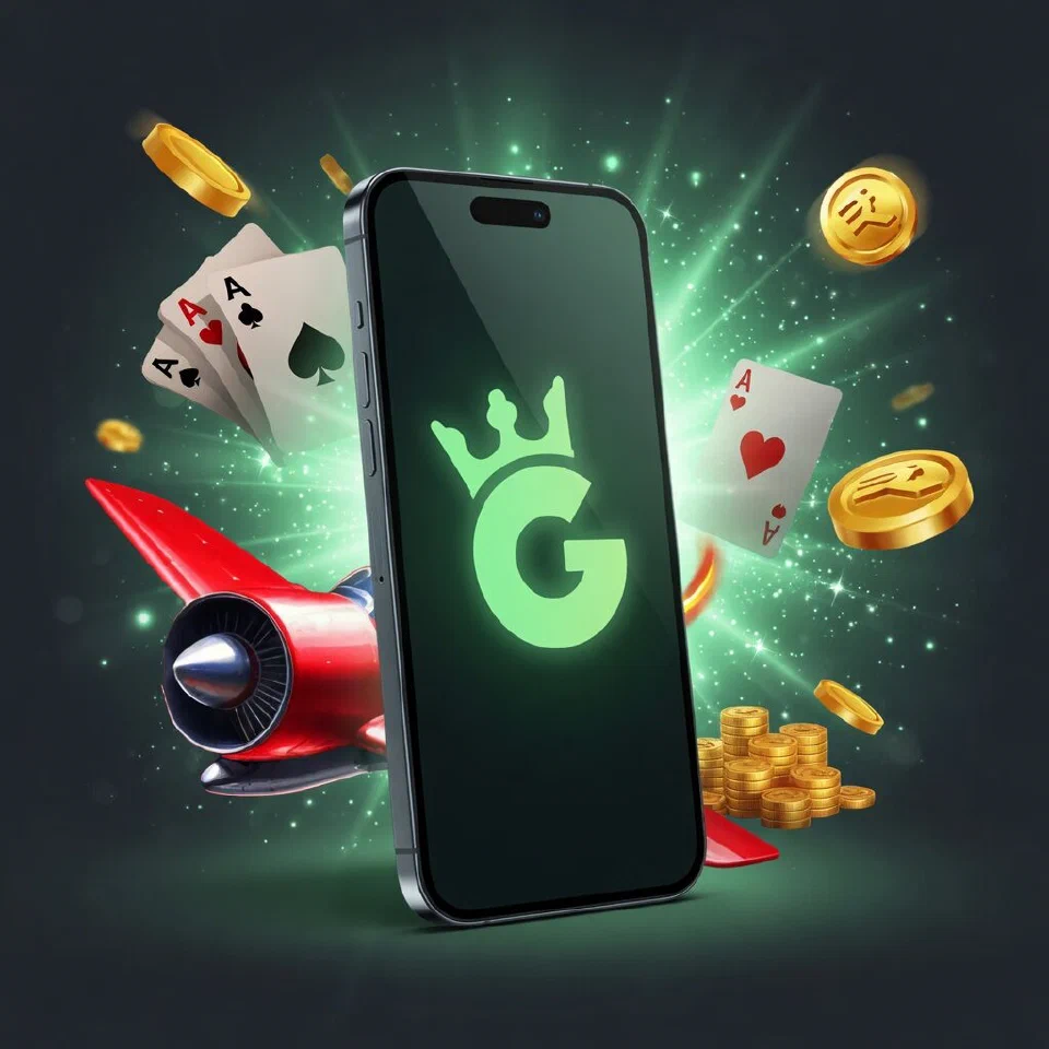 Smartphone showing the green crowned G emblem, with gold coins and playing cards around it