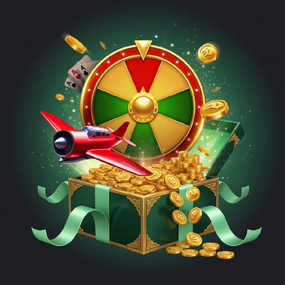 Open green gift box spilling gold coins with a small fortune wheel rising out of it