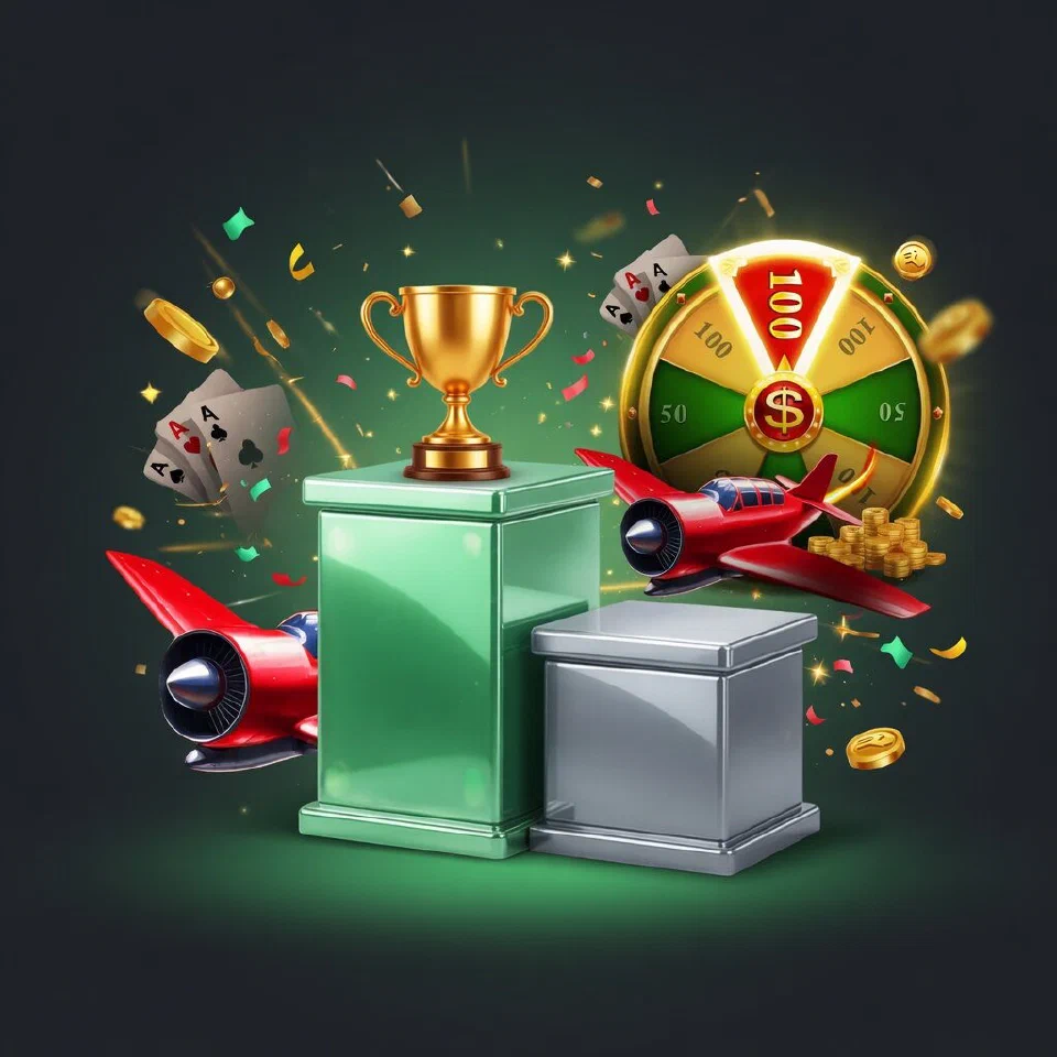 Two podiums, the taller one glowing mint green with a gold trophy cup on top