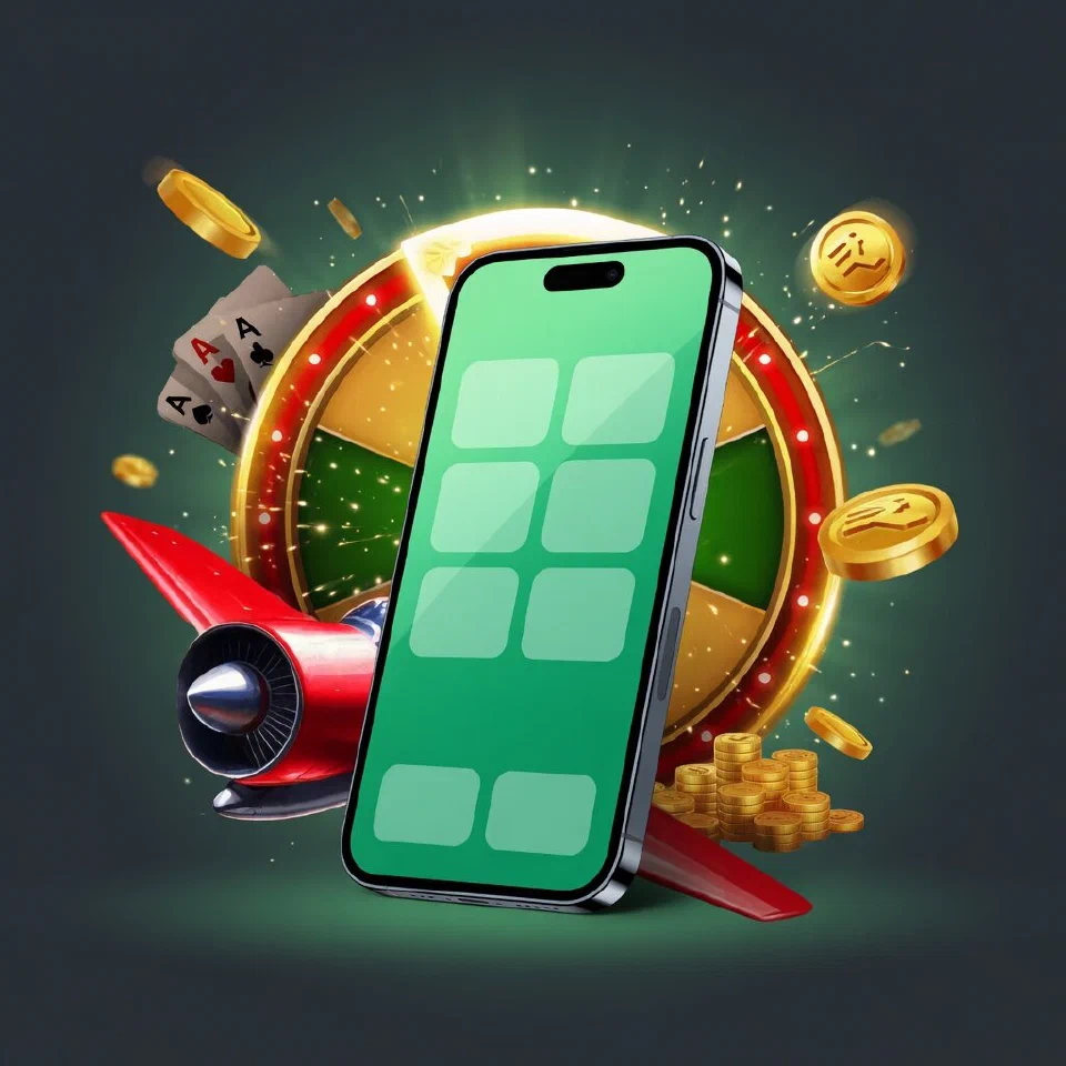 Smartphone at a three-quarter angle with a glowing mint screen of app tiles, gold coins around it