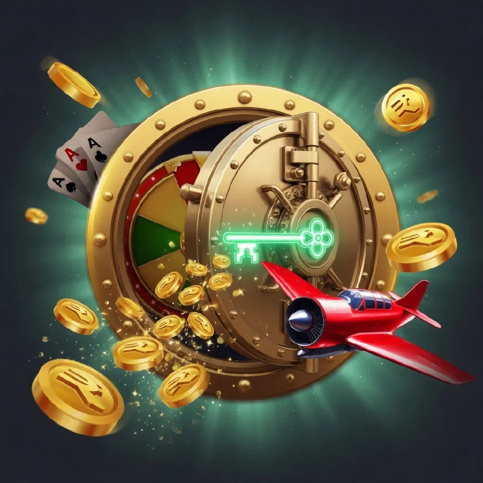 Gold-rimmed vault door with a glowing mint-green key turning in its lock