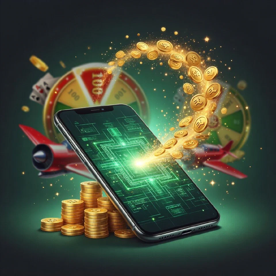 Smartphone with a glowing scan-to-pay square and gold coins streaming out of its screen