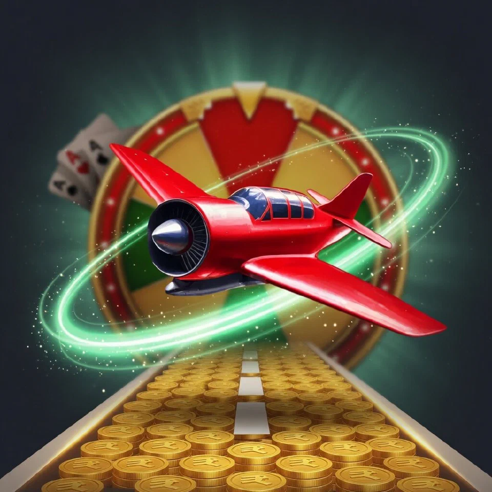 Red propeller plane taking off from a runway of gold coins on a mint-green light trail