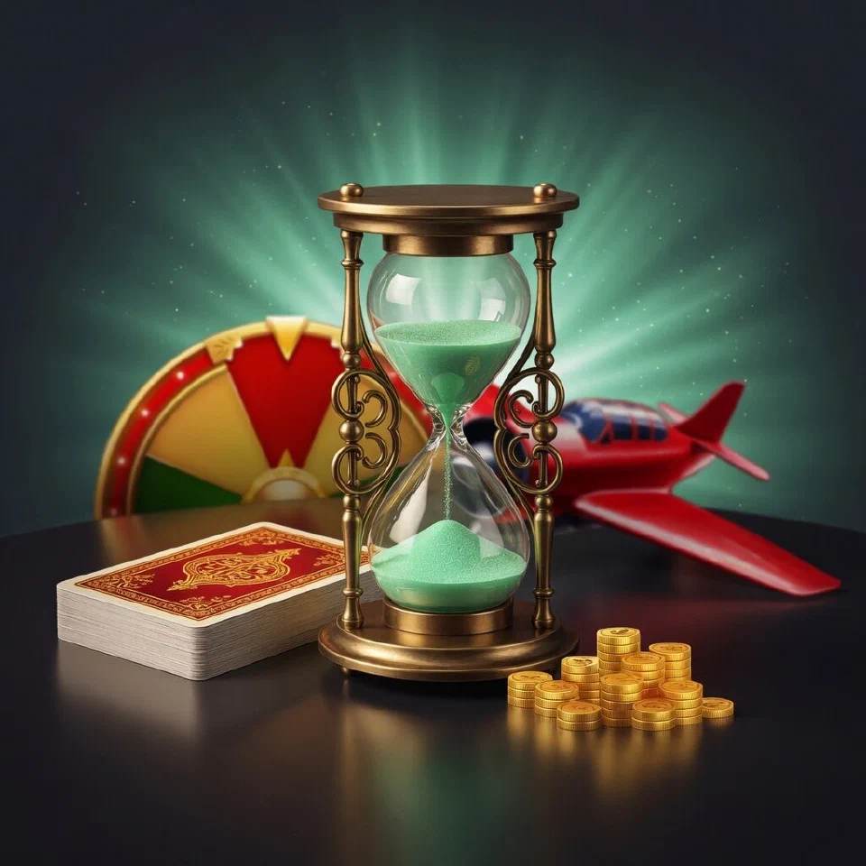 Brass hourglass with mint-green sand beside a small stack of gold coins and a closed deck of cards