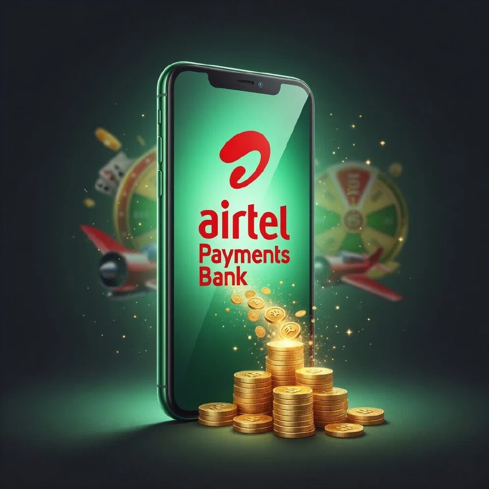 Airtel Payments Bank logo in a mint-green casino scene with gold coins