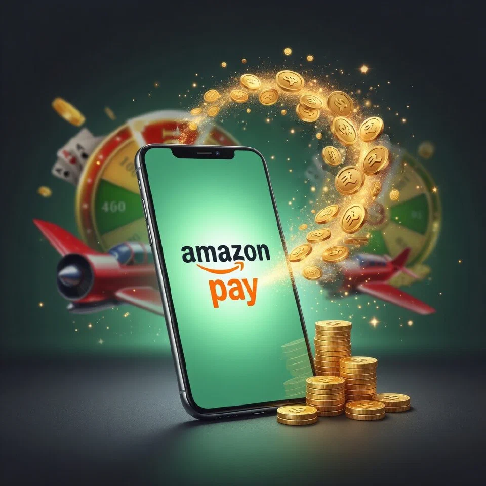 Amazon Pay logo in a mint-green casino scene with gold coins