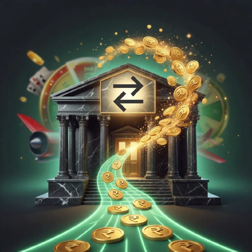 Bank building with a stream of gold coins flowing in along a mint-green light path