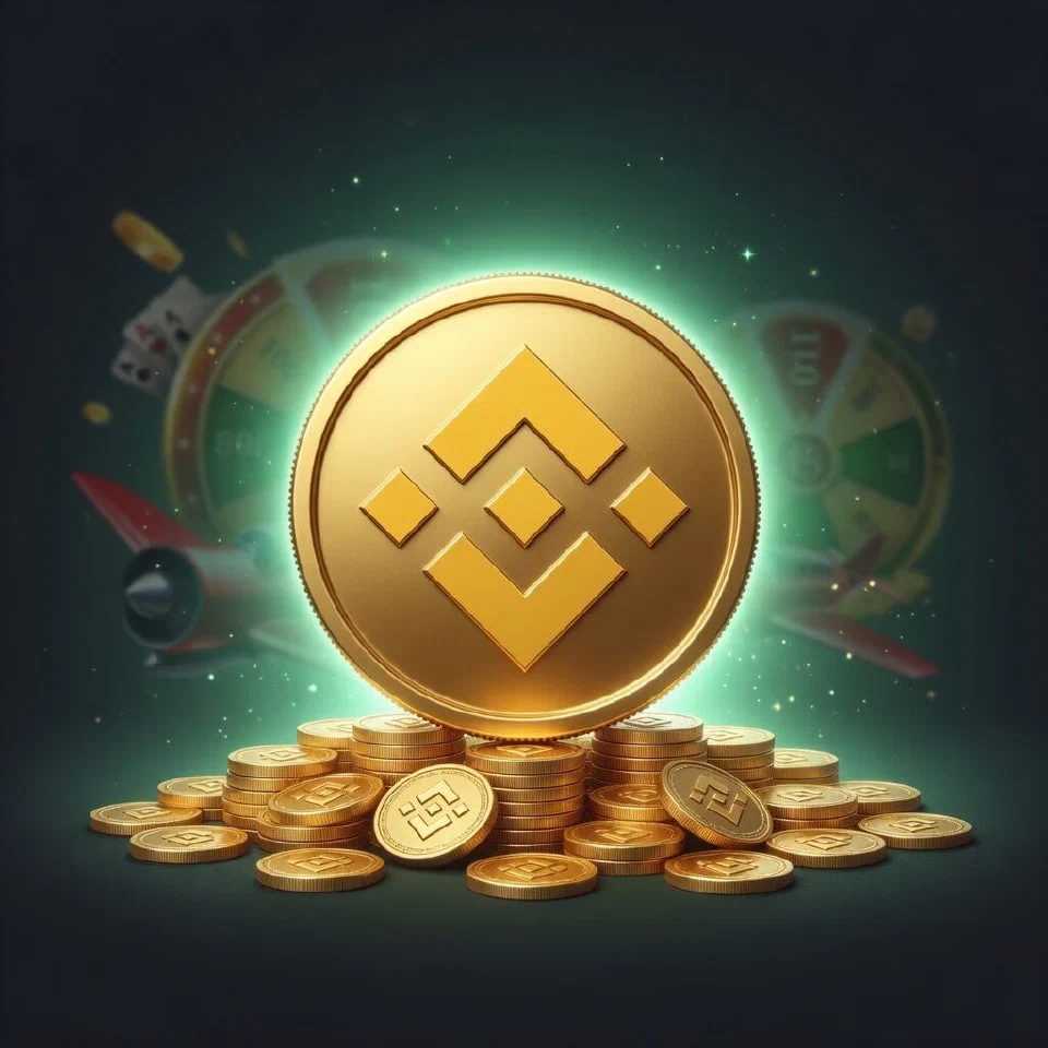 Binance logo in a mint-green casino scene with gold coins