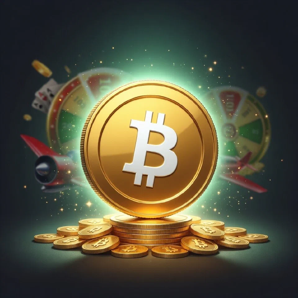 Bitcoin logo in a mint-green casino scene with gold coins