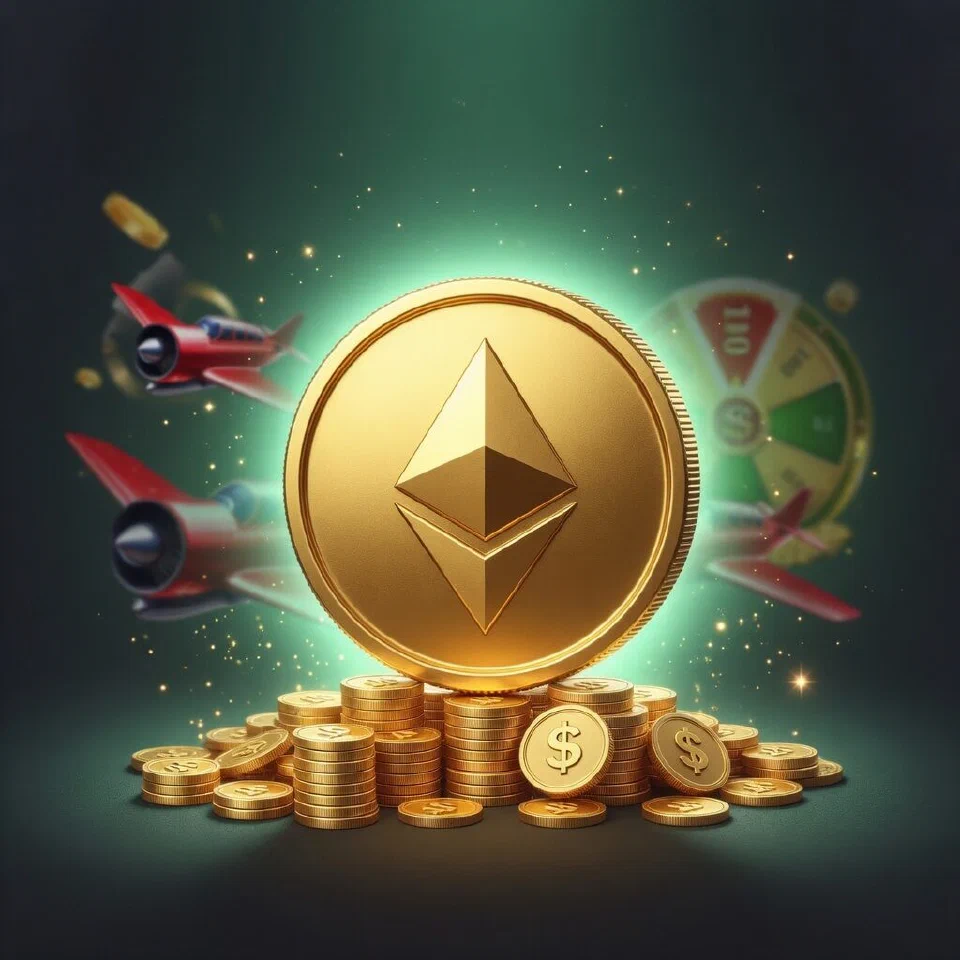 Ethereum logo in a mint-green casino scene with gold coins