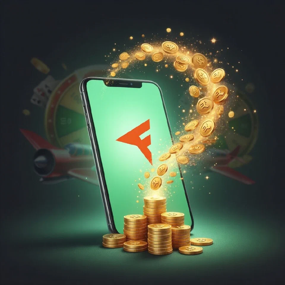 Freecharge logo in a mint-green casino scene with gold coins