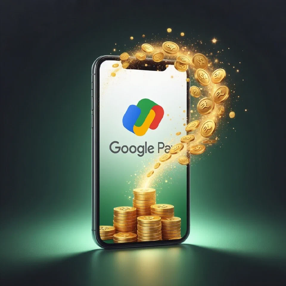 Google Pay logo in a mint-green casino scene with gold coins