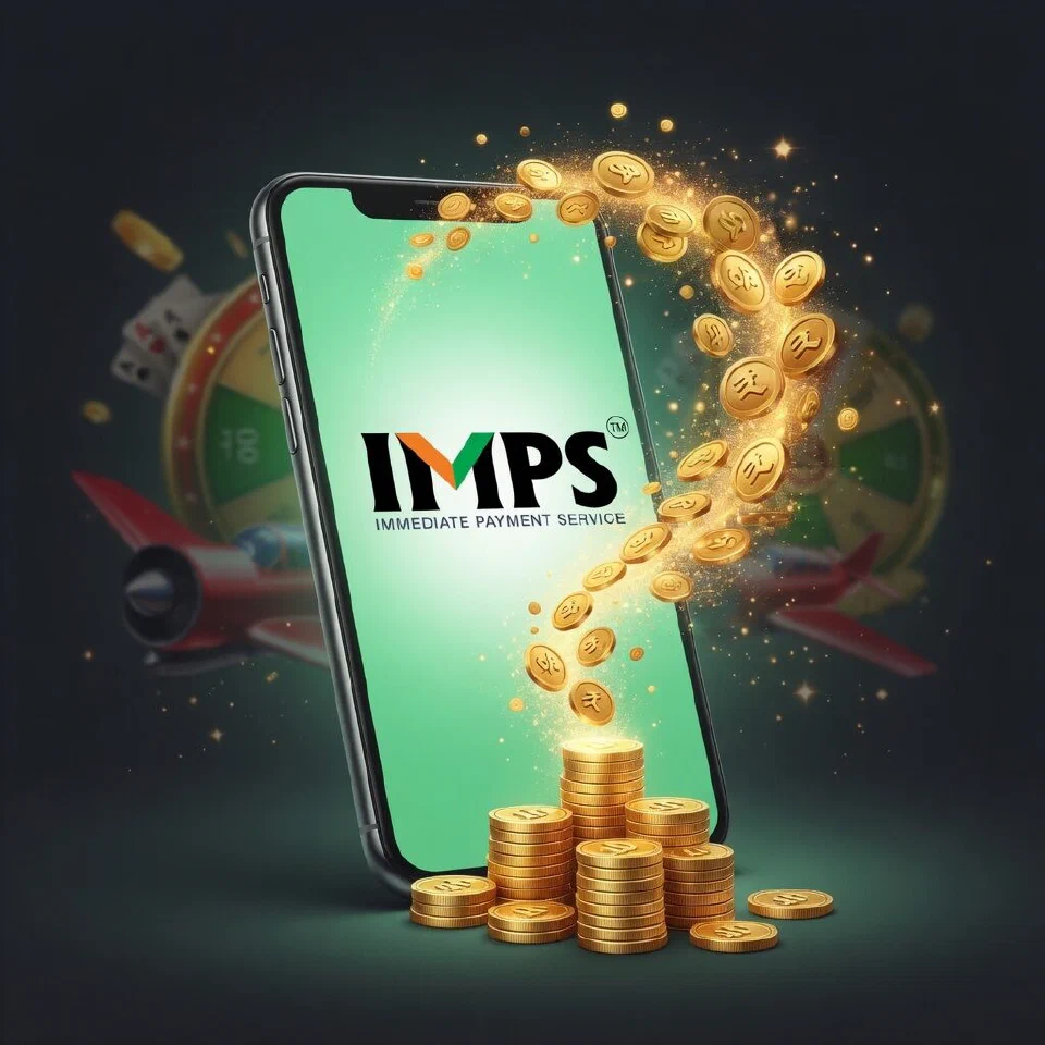 IMPS logo in a mint-green casino scene with gold coins
