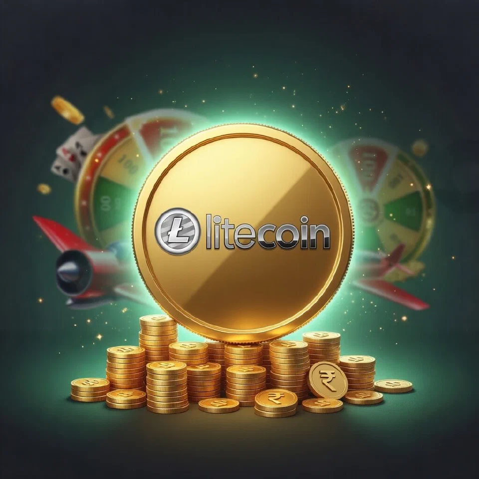 Litecoin logo in a mint-green casino scene with gold coins