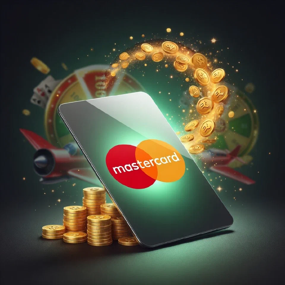 Mastercard logo in a mint-green casino scene with gold coins