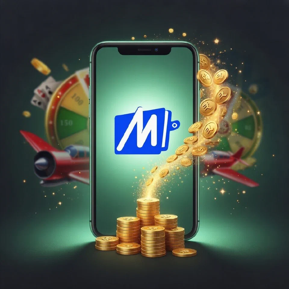 MobiKwik logo in a mint-green casino scene with gold coins