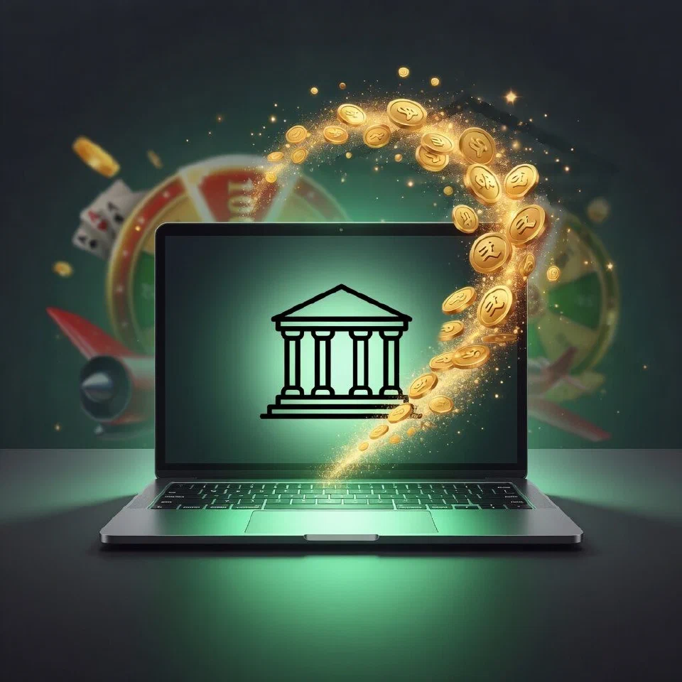 Net Banking logo in a mint-green casino scene with gold coins
