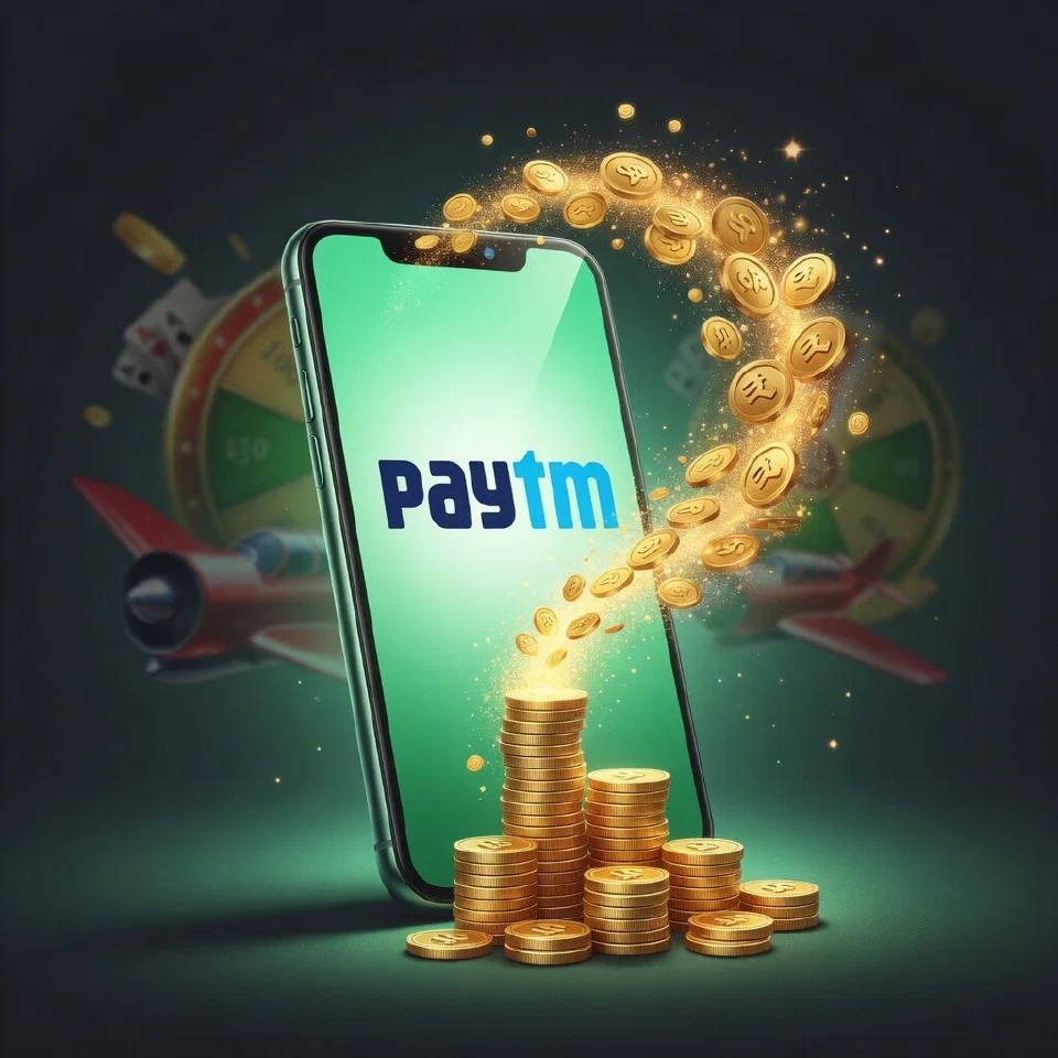 Paytm logo in a mint-green casino scene with gold coins
