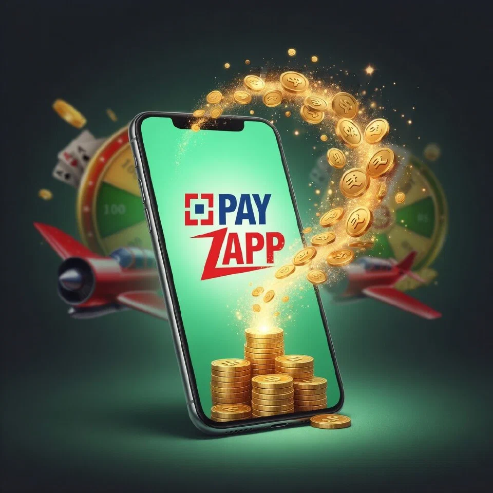 PayZapp logo in a mint-green casino scene with gold coins
