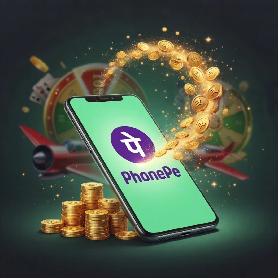 PhonePe logo in a mint-green casino scene with gold coins