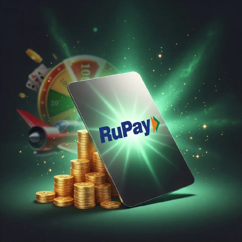 RuPay logo in a mint-green casino scene with gold coins