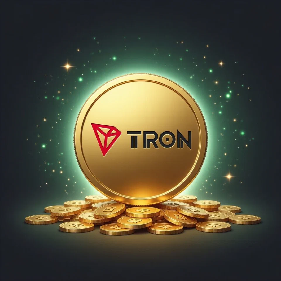 Tron logo in a mint-green casino scene with gold coins