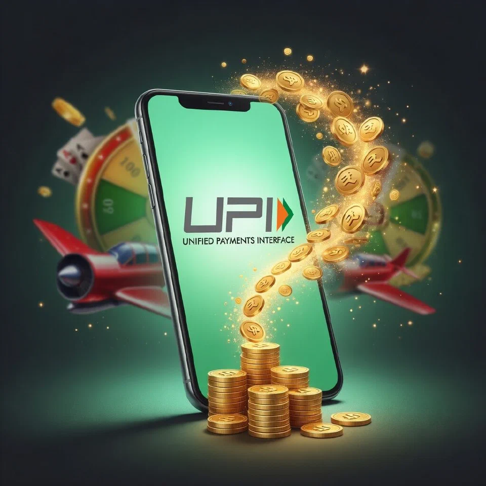 UPI logo in a mint-green casino scene with gold coins