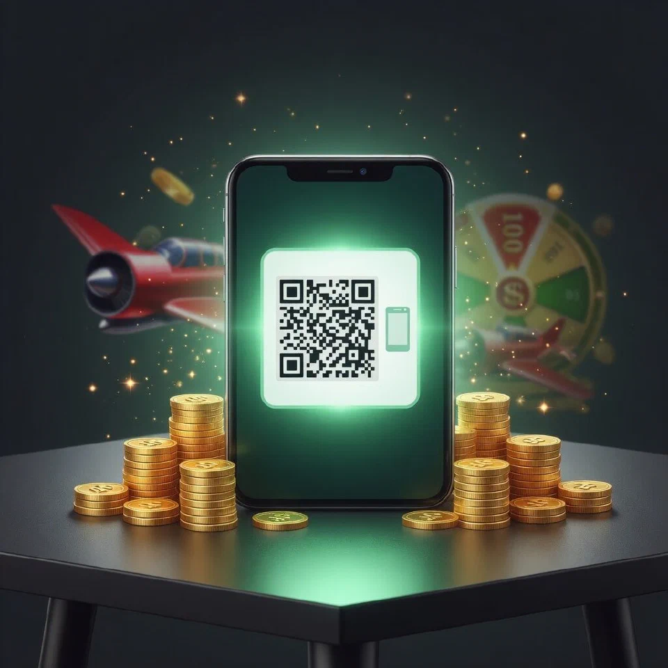 QR code logo in a mint-green casino scene with gold coins