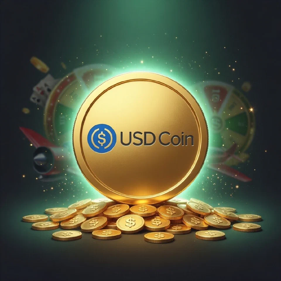 USD Coin logo in a mint-green casino scene with gold coins