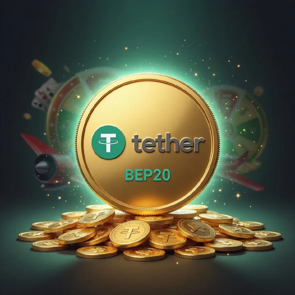 USDT BEP20 logo in a mint-green casino scene with gold coins