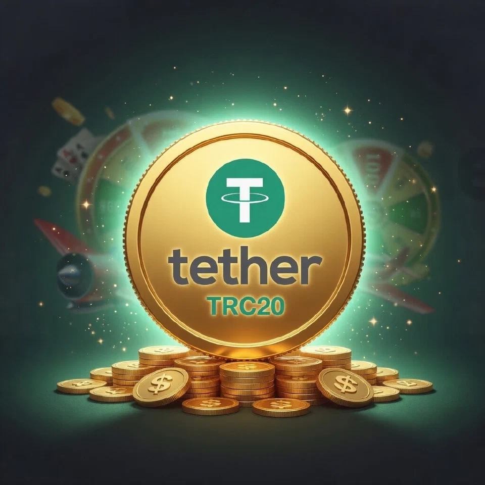 USDT TRC20 logo in a mint-green casino scene with gold coins