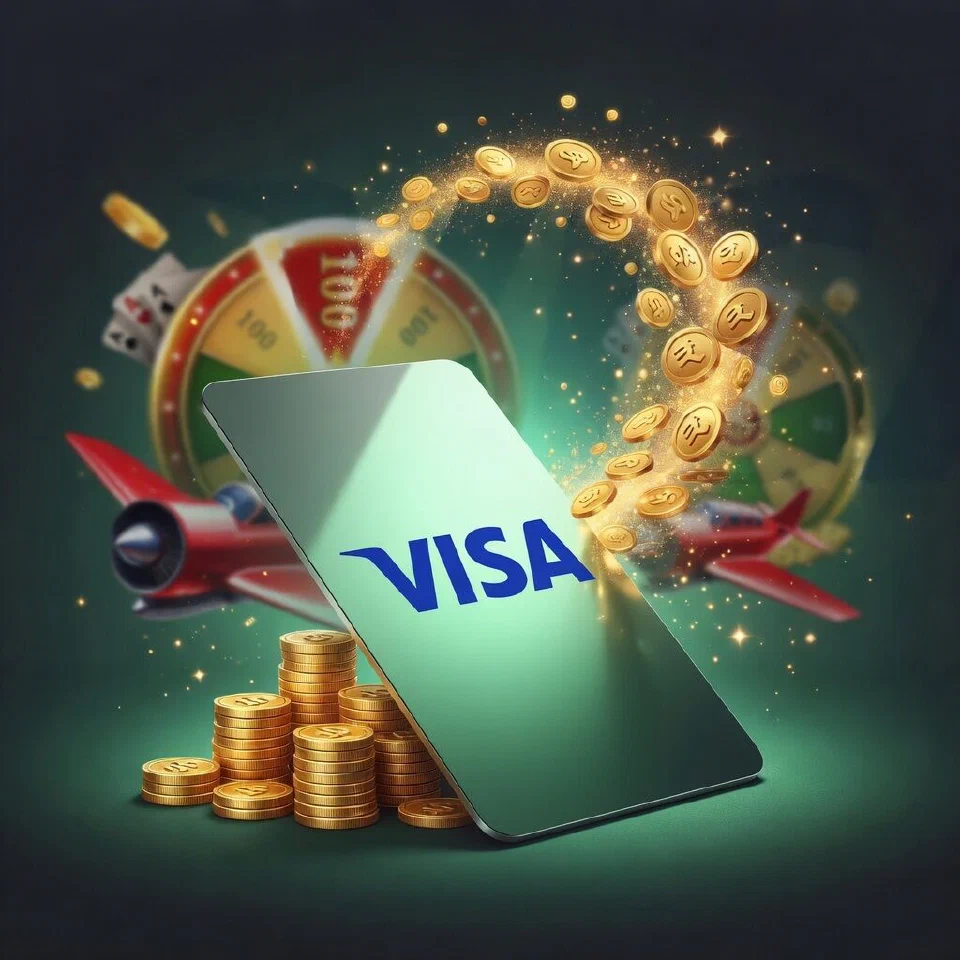 Visa logo in a mint-green casino scene with gold coins