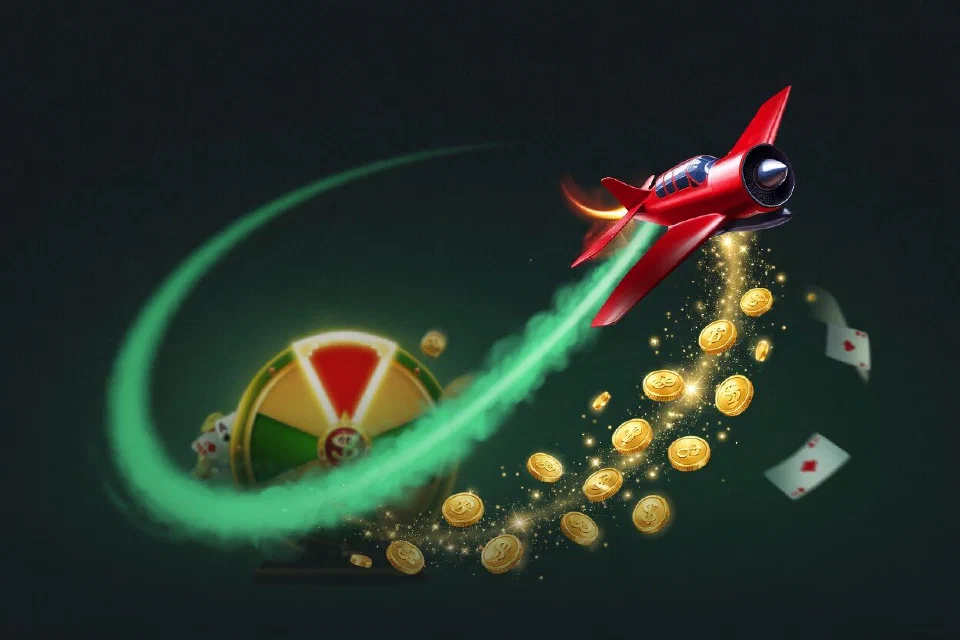 Red propeller plane climbing on a mint-green trail of gold coins