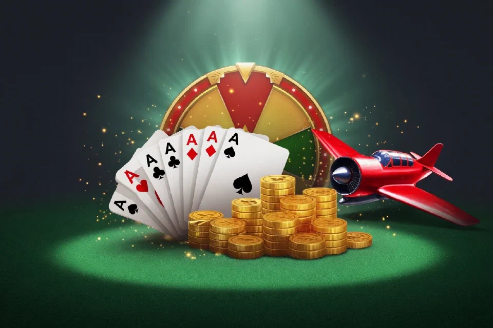 Fan of playing cards and stacks of gold chips on green felt
