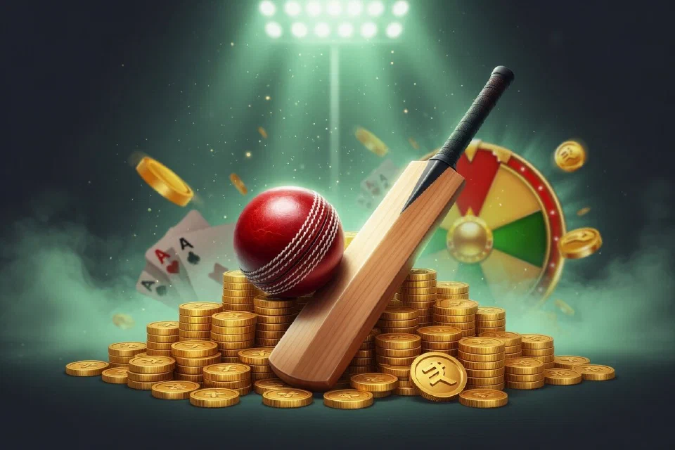 Cricket ball and bat on a pile of gold coins under floodlights