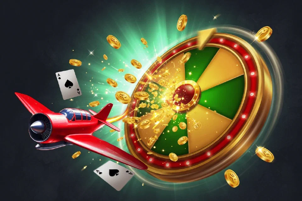 Spinning red, gold and green fortune wheel with gold coins bursting out