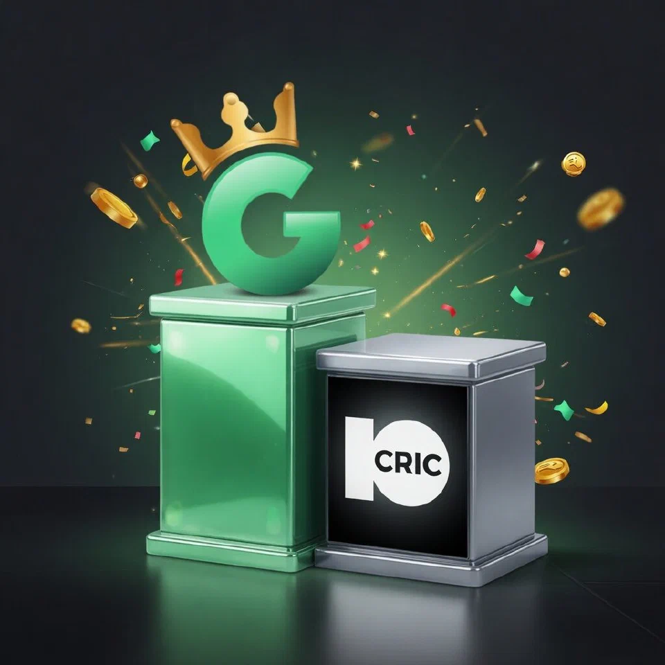 1GO crowned G emblem on a mint podium beside the 10CRIC logo on a grey podium