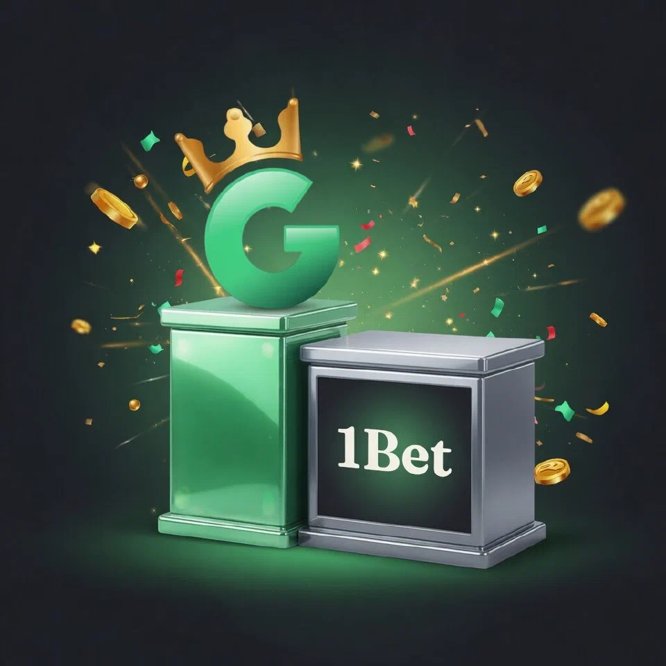 1GO crowned G emblem on a mint podium beside the 1Bet logo on a grey podium