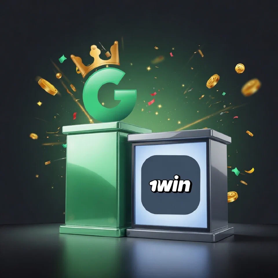1GO crowned G emblem on a mint podium beside the 1win logo on a grey podium