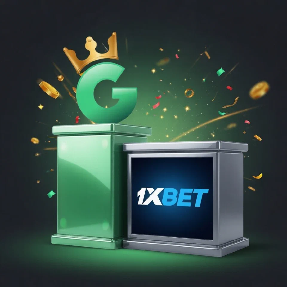 1GO crowned G emblem on a mint podium beside the 1xBet logo on a grey podium