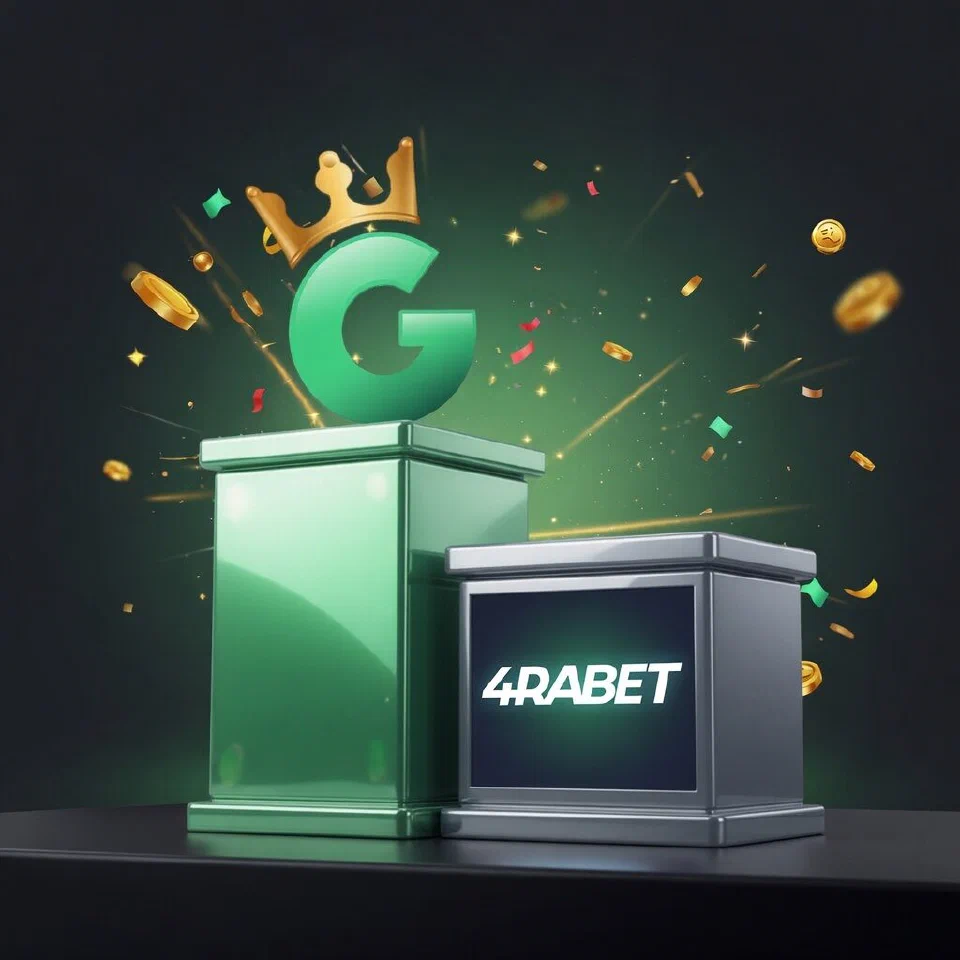 1GO crowned G emblem on a mint podium beside the 4RABET logo on a grey podium