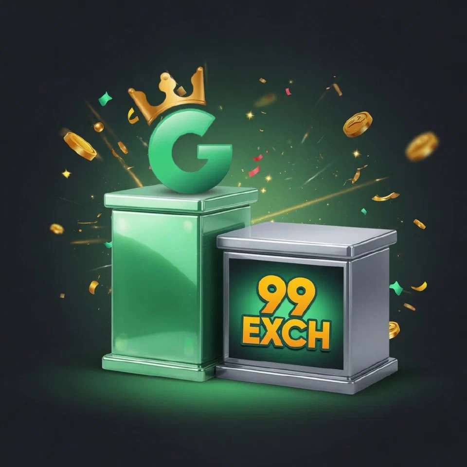 1GO crowned G emblem on a mint podium beside the 99exch logo on a grey podium