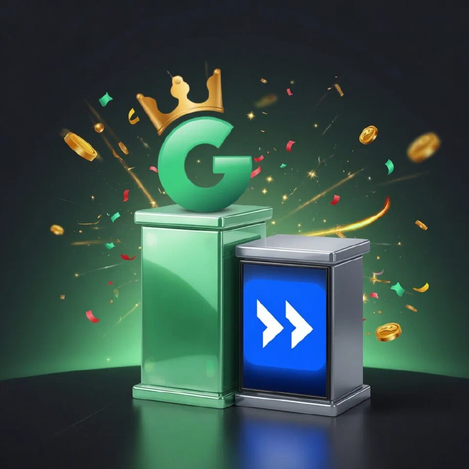 1GO crowned G emblem on a mint podium beside the Batery logo on a grey podium