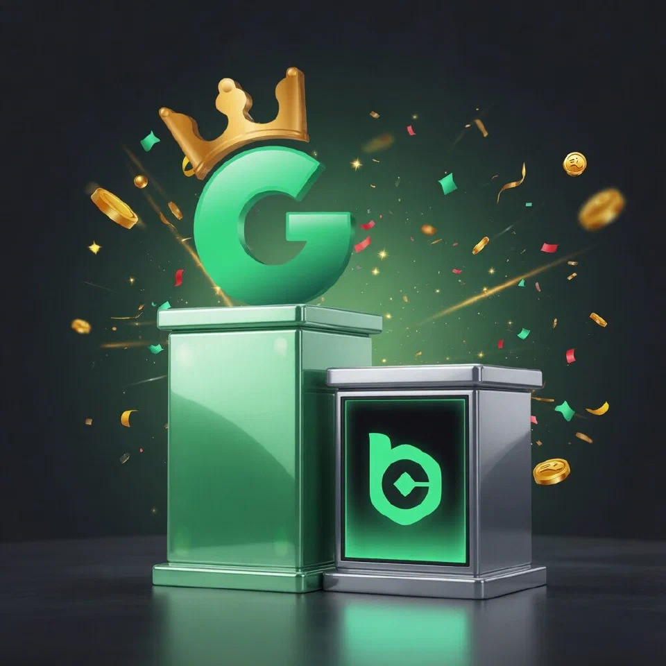 1GO crowned G emblem on a mint podium beside the BC.Game logo on a grey podium