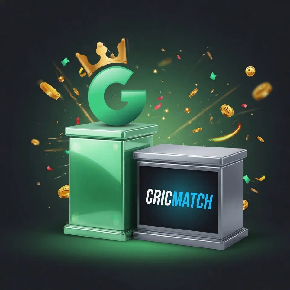 1GO crowned G emblem on a mint podium beside the Cricmatch logo on a grey podium