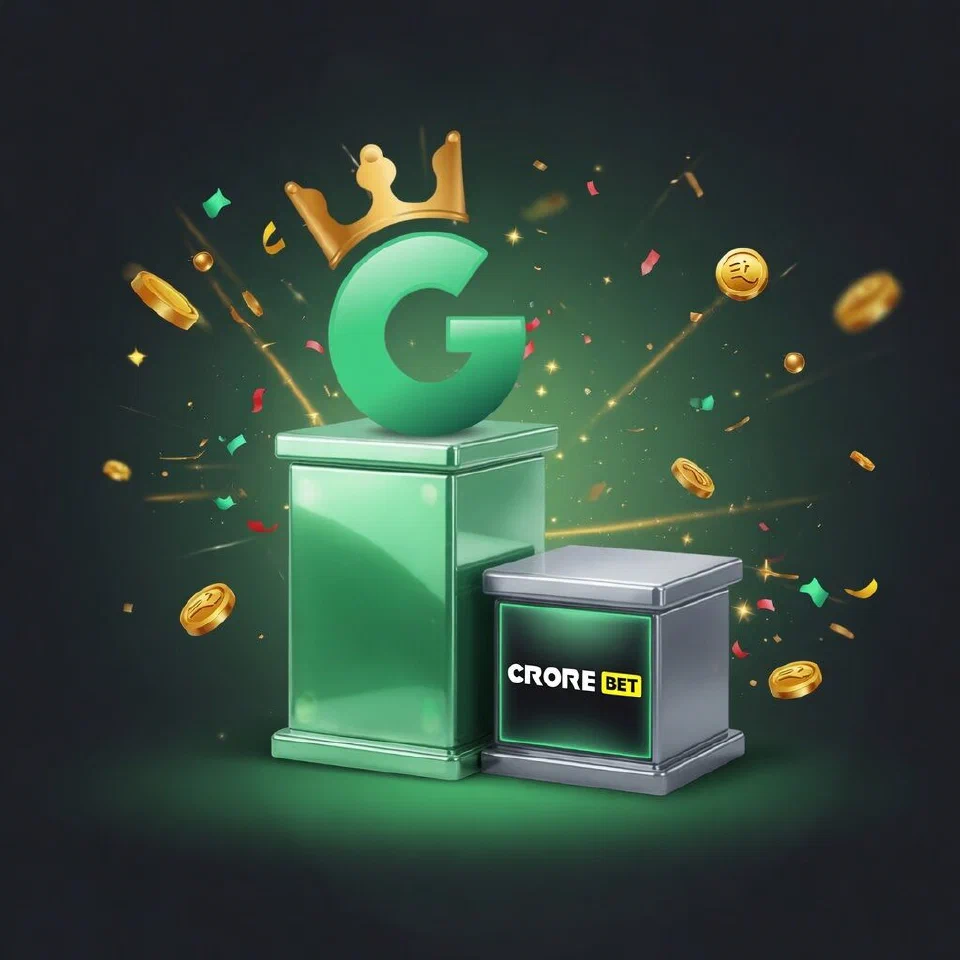 1GO crowned G emblem on a mint podium beside the CroreBet logo on a grey podium