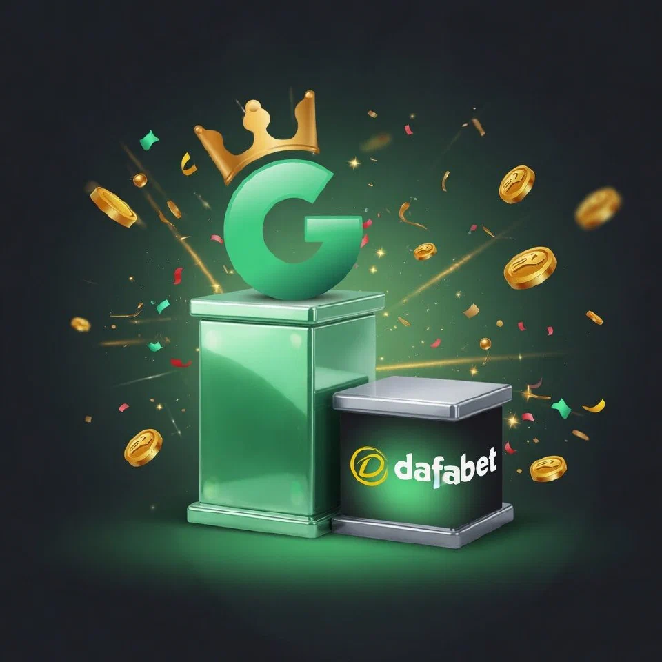 1GO crowned G emblem on a mint podium beside the Dafabet logo on a grey podium