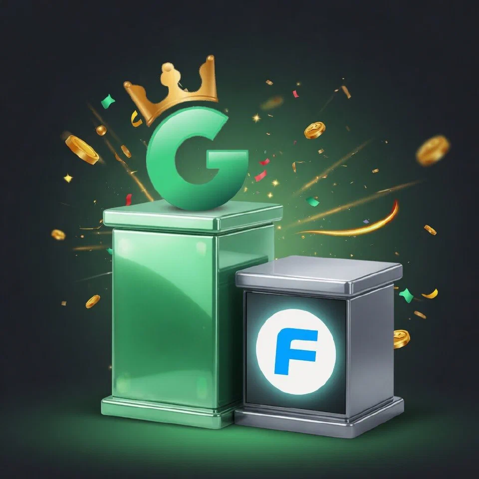 1GO crowned G emblem on a mint podium beside the Fun88 logo on a grey podium